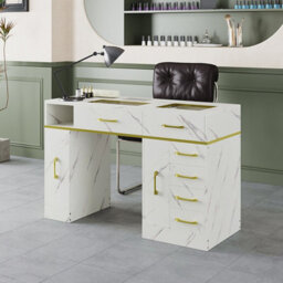 Living And Home White Marble-Texture Manicure Table With Dust Collector, Wrist Cushion And 6 Drawers 115Cm W X 45Cm D X 75Cm H - thumbnail 2