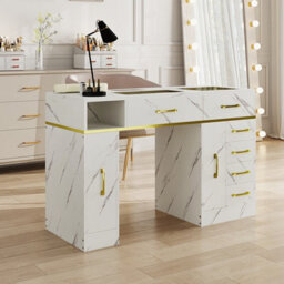 Living And Home White Marble-Texture Manicure Table With Dust Collector, Wrist Cushion And 6 Drawers 115Cm W X 45Cm D X 75Cm H - thumbnail 3