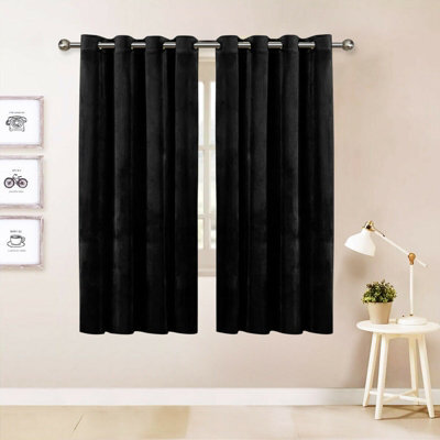 Oxford Homeware Eyelet Velvet Curtains Black Fully Lined Blackout Thermal Insulated Eyelet Curtains Pair (W)117Cm X (L)137Cm - image 1