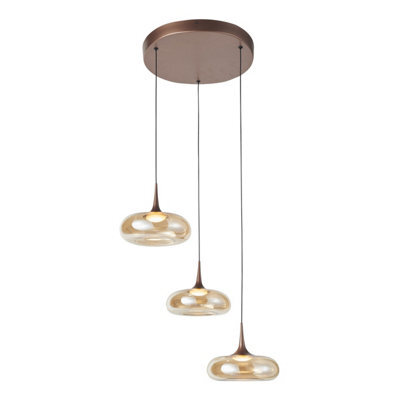 Luminosa Lighting Luminosa Tenele Cluster Pendant Ceiling Light Copper With Amber Glass Shades 3000K Warm, 3 Step Dimmable 3Xled