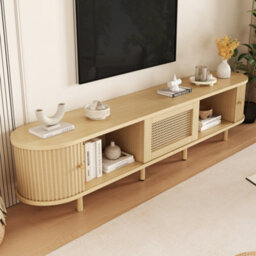 "Btm Tv Stand With 1 Rattan Drawer And 2 Sliding Doors, 180X40X40Cm, Light Wood, 70"" Tv" - thumbnail 5