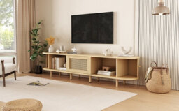 "Btm Tv Stand With 1 Rattan Drawer And 2 Sliding Doors, 180X40X40Cm, Light Wood, 70"" Tv" - thumbnail 6