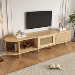 "Btm Tv Stand With 1 Rattan Drawer And 2 Sliding Doors, 180X40X40Cm, Light Wood, 70"" Tv" - thumbnail 4