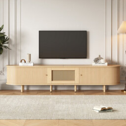 "Btm Tv Stand With 1 Rattan Drawer And 2 Sliding Doors, 180X40X40Cm, Light Wood, 70"" Tv" - thumbnail 2