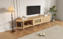 "Btm Tv Stand With 1 Rattan Drawer And 2 Sliding Doors, 180X40X40Cm, Light Wood, 70"" Tv" - thumbnail 7