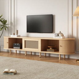 "Btm Tv Stand With 1 Rattan Drawer And 2 Sliding Doors, 180X40X40Cm, Light Wood, 70"" Tv" - thumbnail 3