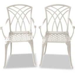 Homeology Oshowa 2-Large Garden And Patio Bistro Chairs With Armrests In Cast Aluminium White