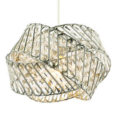 Happy Homewares Designer Triple Ring Chrome Pendant Light Shade With Small Clear Acrylic Beads - image 1