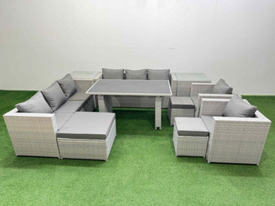 Fimous 11 Seater Wicker Pe Rattan Furniture Outdoor Dining Table 3 Seater Sofa Armchair Set With 2 Side Tables 3 Stool Light Grey - image 1