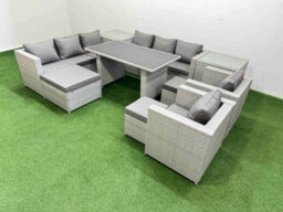 Fimous 11 Seater Wicker Pe Rattan Furniture Outdoor Dining Table 3 Seater Sofa Armchair Set With 2 Side Tables 3 Stool Light Grey - thumbnail 2