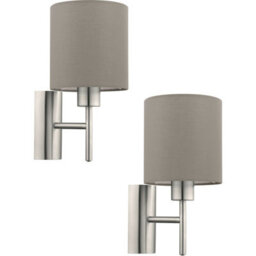 Elegant 2 Pack Satin Nickel Wall Lights With Taupe Shades And Rocker Switch