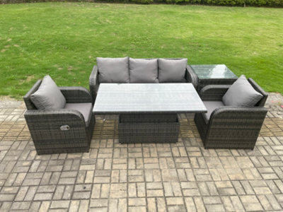 Fimous Wicker Pe Rattan Outdoor Garden Furniture Set Adjustable Rising Lifting Dining Table With Armchair Side Table - image 1