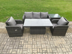 Fimous Wicker Pe Rattan Outdoor Garden Furniture Set Adjustable Rising Lifting Dining Table With Armchair Side Table - thumbnail 2
