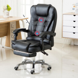 Ergonomic High Back Executive Office Chair With Dual-Point Massage System & Retractable Footrest - Black Faux Leather