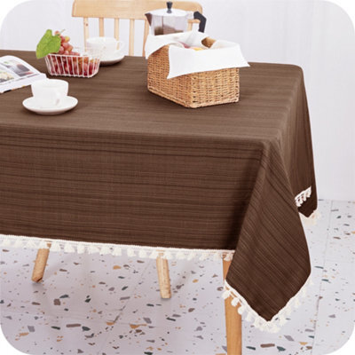 Deconovo Tassel Tablecloth Home Decorative Wipe Clean Faux Linen Rectangle Waterproof For Dining Room 140X200 (55X79 In) Brown - image 1