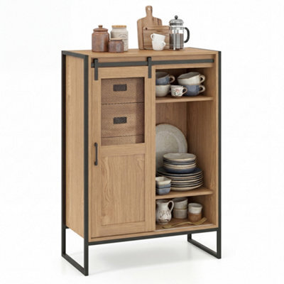 Costway Floor Storage Cabinet Rustic Storage Organizer With Sliding Door 5 Drawers & Adjustable Shelves Nartual - image 1
