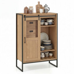 Costway Floor Storage Cabinet Rustic Storage Organizer With Sliding Door 5 Drawers & Adjustable Shelves Nartual - thumbnail 1