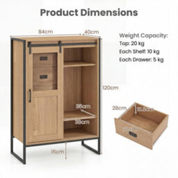 Costway Floor Storage Cabinet Rustic Storage Organizer With Sliding Door 5 Drawers & Adjustable Shelves Nartual - thumbnail 2