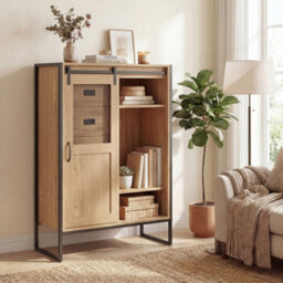 Costway Floor Storage Cabinet Rustic Storage Organizer With Sliding Door 5 Drawers & Adjustable Shelves Nartual - thumbnail 5
