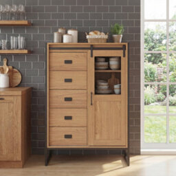 Costway Floor Storage Cabinet Rustic Storage Organizer With Sliding Door 5 Drawers & Adjustable Shelves Nartual - thumbnail 3