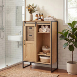 Costway Floor Storage Cabinet Rustic Storage Organizer With Sliding Door 5 Drawers & Adjustable Shelves Nartual - thumbnail 4