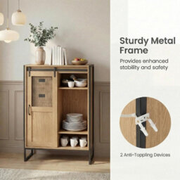 Costway Floor Storage Cabinet Rustic Storage Organizer With Sliding Door 5 Drawers & Adjustable Shelves Nartual - thumbnail 7