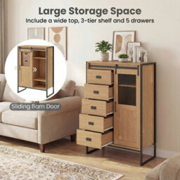 Costway Floor Storage Cabinet Rustic Storage Organizer With Sliding Door 5 Drawers & Adjustable Shelves Nartual - thumbnail 8