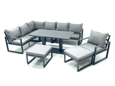 Fimous Aluminum Outdoor Garden Furniture Set Corner Sofa Chair 2 Big Footstools Adjustable Rising Lifting Dining Table Sets