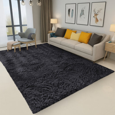 Bedlooms Black Non-Slip Shaggy Rug 160X230Cm, Modern Area Rug Living Room Bedroom Hall Rugs