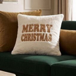 Homescapes Festive Faux Fur Cushion Embroidered Holiday Greeting, 45 X 45 Cm - thumbnail 2