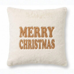 Homescapes Festive Faux Fur Cushion Embroidered Holiday Greeting, 45 X 45 Cm - thumbnail 1