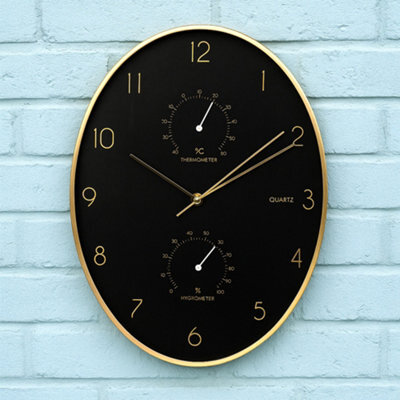 Jack Stonehouse Indoor Oval Wall Clock 84.5Cm Thermometer And Hygrometer In Black Dial Golden Rim Quartz Movement - image 1
