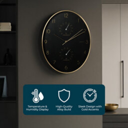 Jack Stonehouse Indoor Oval Wall Clock 84.5Cm Thermometer And Hygrometer In Black Dial Golden Rim Quartz Movement - thumbnail 5