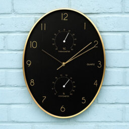 Jack Stonehouse Indoor Oval Wall Clock 84.5Cm Thermometer And Hygrometer In Black Dial Golden Rim Quartz Movement