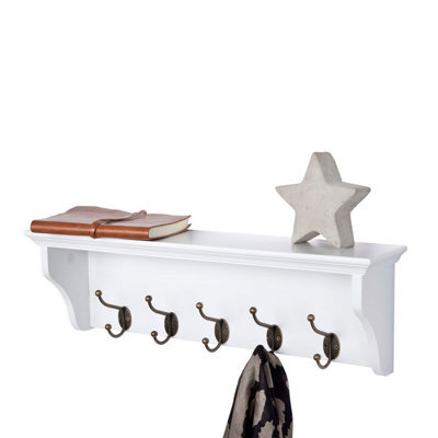 Richmond White Wooden Wall Mounted Coat Rack - 5 Hooks, Shelf, Hallway, Bathroom - image 1