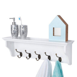Richmond White Wooden Wall Mounted Coat Rack - 5 Hooks, Shelf, Hallway, Bathroom - thumbnail 3