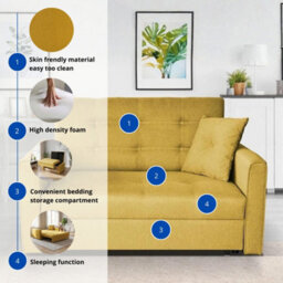 Sofa Bed With Sleeping Function Viva Lux Iii Yellow Wooden Frame And Wavy Springs Freestanding Compact Settee For Guest Room - thumbnail 6