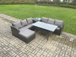 Fimous Rattan Garden Furniture Set With Oblong Rectangular Dining Table Big Footstool Side Table Outdoor Lounge Sofa Set - thumbnail 1