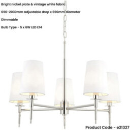 Loops Multi Arm Hanging Ceiling Pendant Light - Bright Nickel Plate & Vintage White Fabric Shade - 5 X 6W Led E14 - thumbnail 2