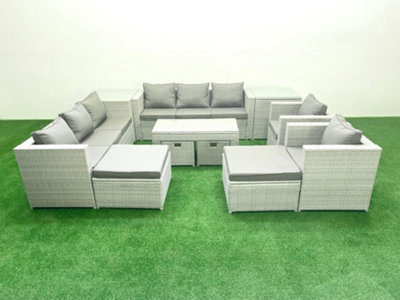 Fimous Rattan Garden Furniture Set Outdoor Lounger Sofa Coffee Table 4 Stools 2 Side Tables Light Grey 12 Seater - image 1