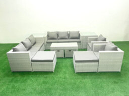 Fimous Rattan Garden Furniture Set Outdoor Lounger Sofa Coffee Table 4 Stools 2 Side Tables Light Grey 12 Seater - thumbnail 2