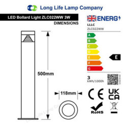 Long Life Lamps Company 3W Modern Led Bollard Garden Lamp Post Warm White - thumbnail 2