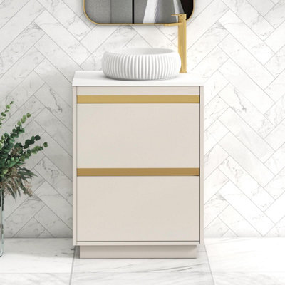 Royal Bathrooms Orion 600mm Warm Taupe Floor Standing Plain White Countertop Vanity Unit 2 Drawer With Milan Basin & Brushed Brass Accent Trim - image 1