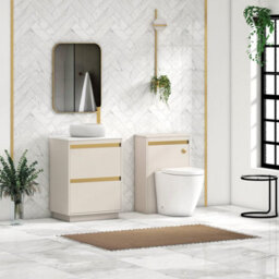Royal Bathrooms Orion 600mm Warm Taupe Floor Standing Plain White Countertop Vanity Unit 2 Drawer With Milan Basin & Brushed Brass Accent Trim - thumbnail 3
