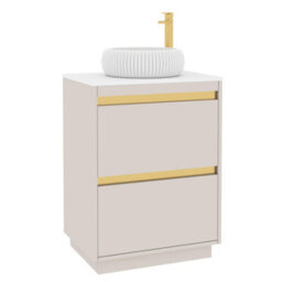 Royal Bathrooms Orion 600mm Warm Taupe Floor Standing Plain White Countertop Vanity Unit 2 Drawer With Milan Basin & Brushed Brass Accent Trim - thumbnail 6