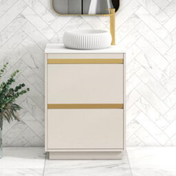Royal Bathrooms Orion 600mm Warm Taupe Floor Standing Plain White Countertop Vanity Unit 2 Drawer With Milan Basin & Brushed Brass Accent Trim