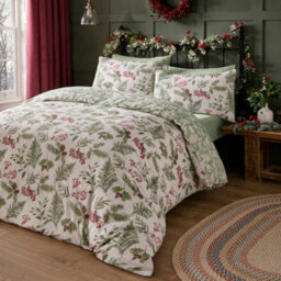 Dreams & Drapes Winter Sprigs Watercolour Print 100% Brushed Cotton Green Duvet Cover Set