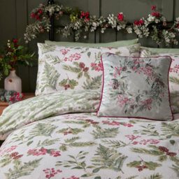 Dreams & Drapes Winter Sprigs Watercolour Print 100% Brushed Cotton Green Duvet Cover Set - thumbnail 2