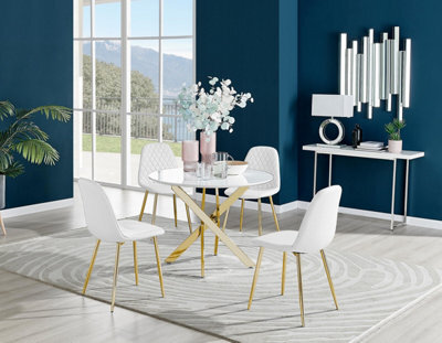 Furniturebox Uk Novara White Gloss Gold Leg Round Dining Table & 4 White Corona Gold Leg Chairs - image 1