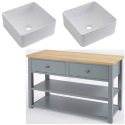 Homestylestore 1215mm Light Grey And Oak Bathroom Vanity Unit With Square Countertop Basins And Bronze Round Handles